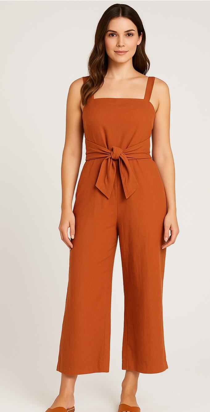 Shore Linen Blend Square Neck Wide Leg Jumpsuit Burnt Orange Womens Size Medium
